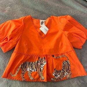 Queen of Sparkles, Orange Tiger Peplum Poof Sleeve Top